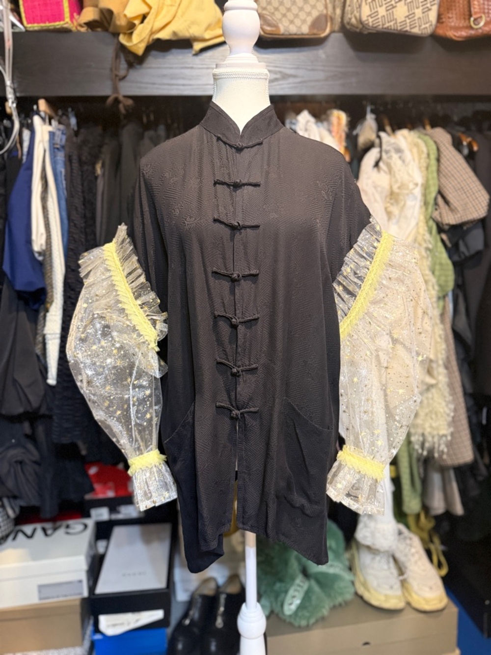 Black Silk Shirt with Oversized Puffy Tulle Sleeves - Picture 1 of 10